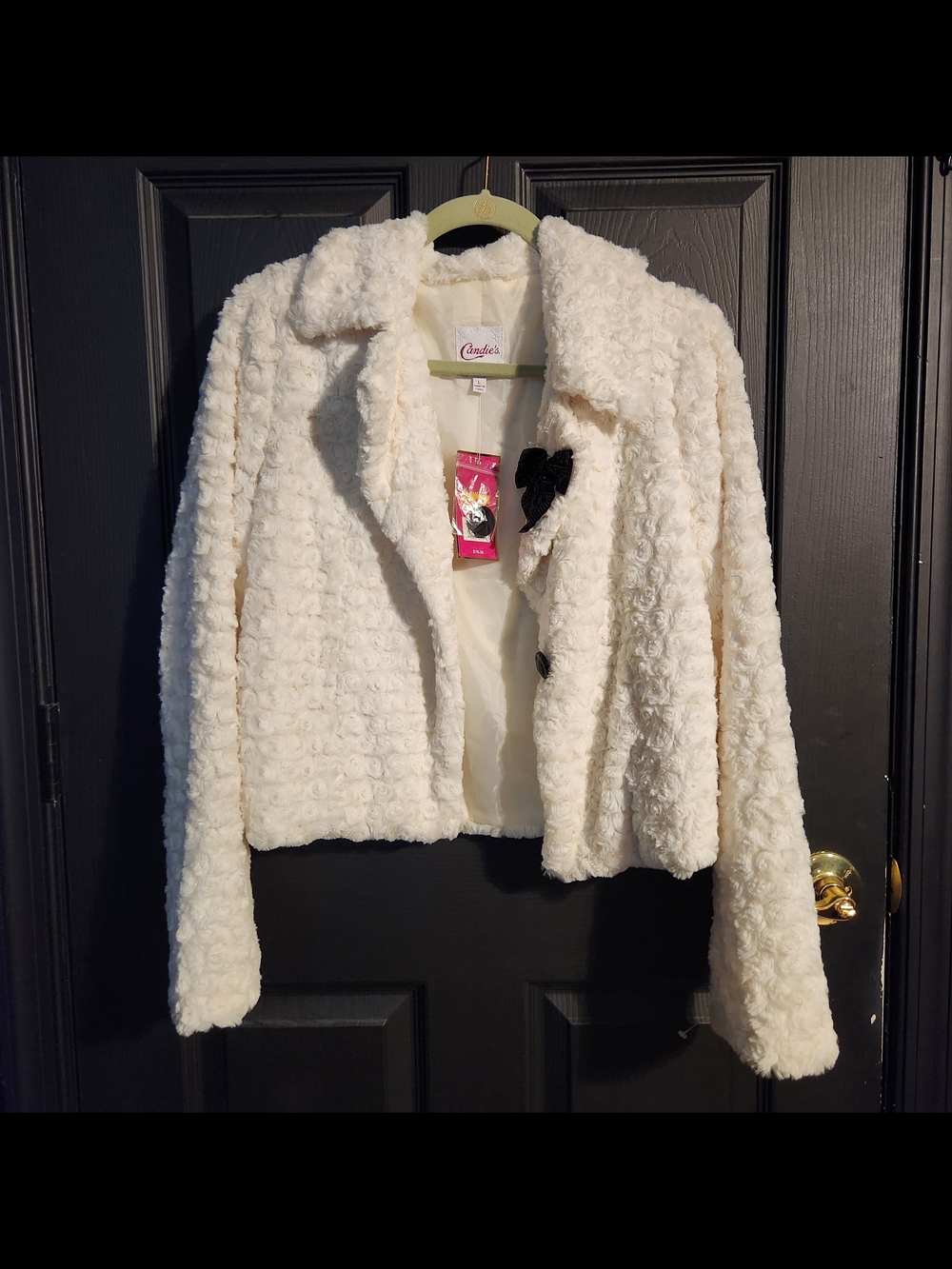Candie's Cream & Black Faux Fur Jacket With Bow